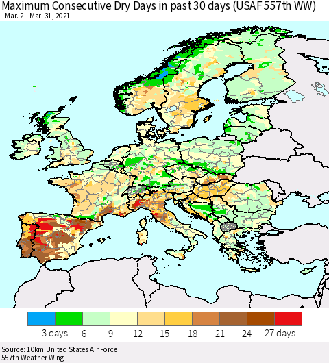 Europe Maximum Consecutive Dry Days in past 30 days (USAF 557th WW) 03/31/2021 Thematic Map For 3/26/2021 - 3/31/2021