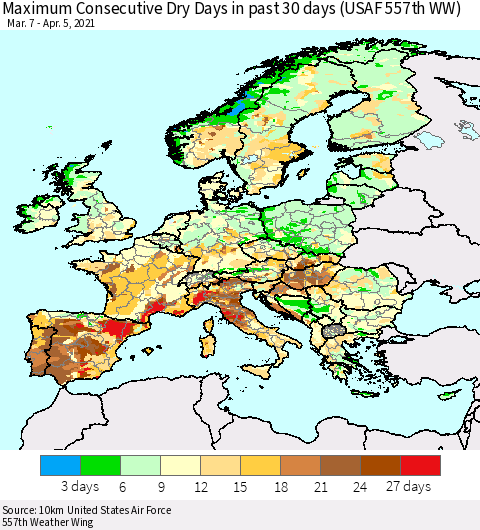 Europe Maximum Consecutive Dry Days in past 30 days (USAF 557th WW) 04/05/2021 Thematic Map For 4/1/2021 - 4/5/2021
