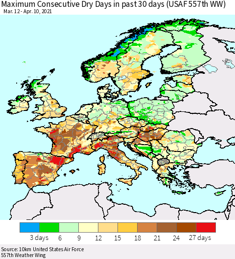 Europe Maximum Consecutive Dry Days in past 30 days (USAF 557th WW) 04/10/2021 Thematic Map For 4/6/2021 - 4/10/2021