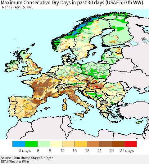 Europe Maximum Consecutive Dry Days in past 30 days (USAF 557th WW) 04/15/2021 Thematic Map For 4/11/2021 - 4/15/2021