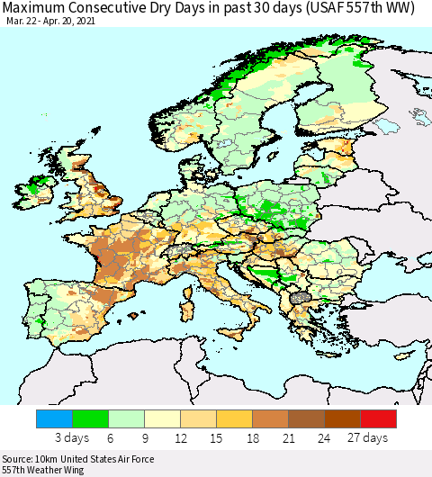 Europe Maximum Consecutive Dry Days in past 30 days (USAF 557th WW) 04/20/2021 Thematic Map For 4/16/2021 - 4/20/2021