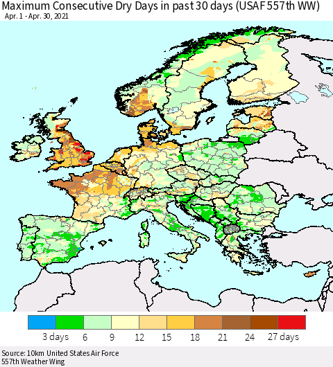 Europe Maximum Consecutive Dry Days in past 30 days (USAF 557th WW) 04/30/2021 Thematic Map For 4/26/2021 - 4/30/2021