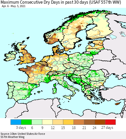 Europe Maximum Consecutive Dry Days in past 30 days (USAF 557th WW) 05/05/2021 Thematic Map For 5/1/2021 - 5/5/2021
