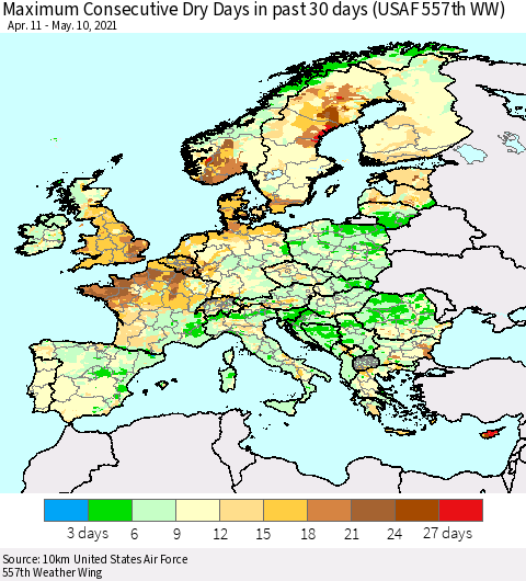 Europe Maximum Consecutive Dry Days in past 30 days (USAF 557th WW) 05/10/2021 Thematic Map For 5/6/2021 - 5/10/2021