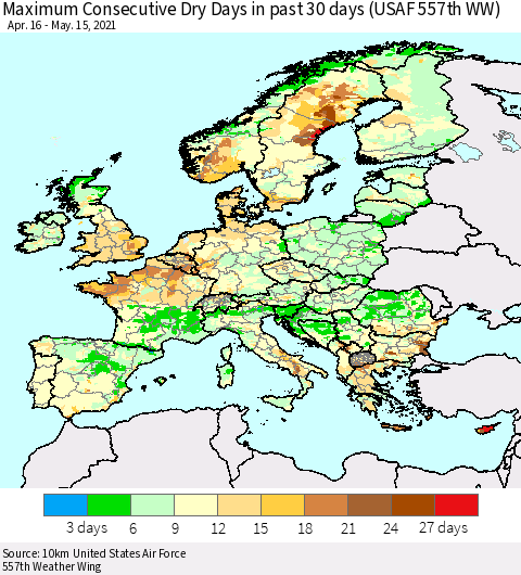 Europe Maximum Consecutive Dry Days in past 30 days (USAF 557th WW) 05/15/2021 Thematic Map For 5/11/2021 - 5/15/2021