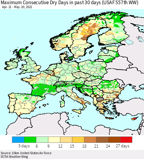 Europe Maximum Consecutive Dry Days in past 30 days (USAF 557th WW) 05/20/2021 Thematic Map For 5/16/2021 - 5/20/2021