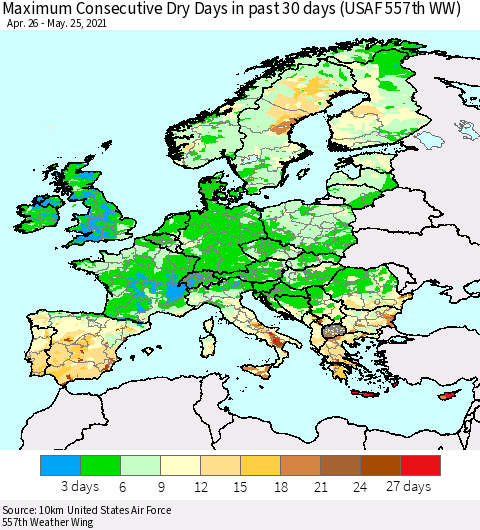 Europe Maximum Consecutive Dry Days in past 30 days (USAF 557th WW) 05/25/2021 Thematic Map For 5/21/2021 - 5/25/2021