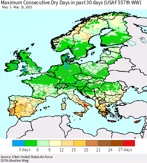 Europe Maximum Consecutive Dry Days in past 30 days (USAF 557th WW) 05/31/2021 Thematic Map For 5/26/2021 - 5/31/2021