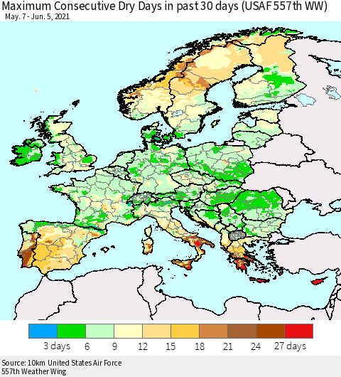 Europe Maximum Consecutive Dry Days in past 30 days (USAF 557th WW) 06/05/2021 Thematic Map For 6/1/2021 - 6/5/2021