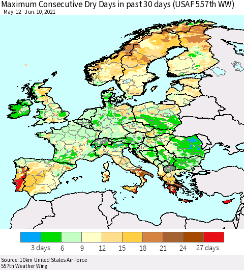 Europe Maximum Consecutive Dry Days in past 30 days (USAF 557th WW) 06/10/2021 Thematic Map For 6/6/2021 - 6/10/2021