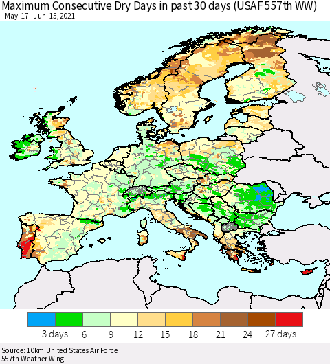 Europe Maximum Consecutive Dry Days in past 30 days (USAF 557th WW) 06/15/2021 Thematic Map For 6/11/2021 - 6/15/2021
