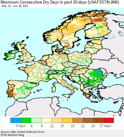 Europe Maximum Consecutive Dry Days in past 30 days (USAF 557th WW) 06/20/2021 Thematic Map For 6/16/2021 - 6/20/2021