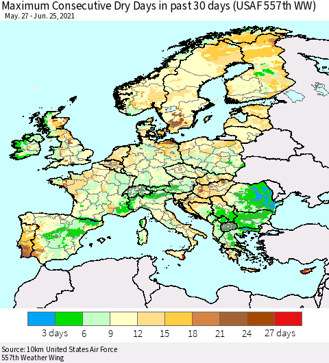 Europe Maximum Consecutive Dry Days in past 30 days (USAF 557th WW) 06/25/2021 Thematic Map For 6/21/2021 - 6/25/2021