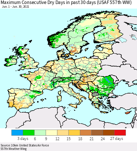 Europe Maximum Consecutive Dry Days in past 30 days (USAF 557th WW) 06/30/2021 Thematic Map For 6/26/2021 - 6/30/2021