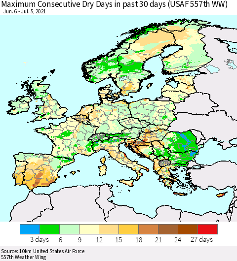 Europe Maximum Consecutive Dry Days in past 30 days (USAF 557th WW) 07/05/2021 Thematic Map For 7/1/2021 - 7/5/2021