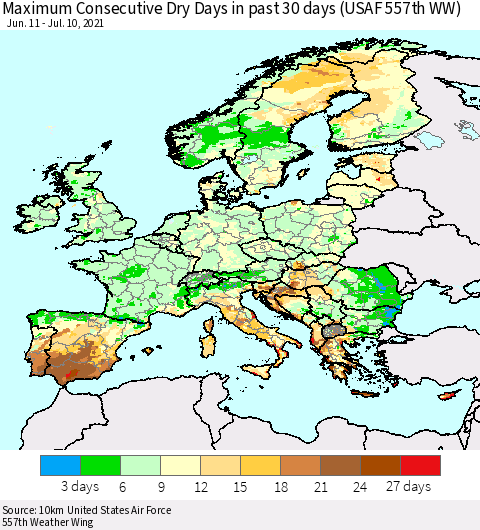 Europe Maximum Consecutive Dry Days in past 30 days (USAF 557th WW) 07/10/2021 Thematic Map For 7/6/2021 - 7/10/2021
