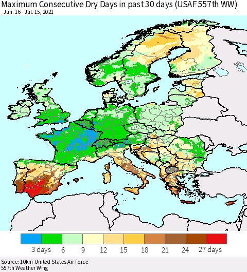 Europe Maximum Consecutive Dry Days in past 30 days (USAF 557th WW) 07/15/2021 Thematic Map For 7/11/2021 - 7/15/2021