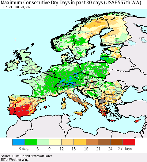 Europe Maximum Consecutive Dry Days in past 30 days (USAF 557th WW) 07/20/2021 Thematic Map For 7/16/2021 - 7/20/2021