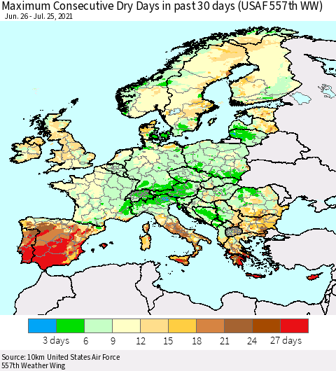 Europe Maximum Consecutive Dry Days in past 30 days (USAF 557th WW) 07/25/2021 Thematic Map For 7/21/2021 - 7/25/2021