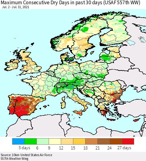 Europe Maximum Consecutive Dry Days in past 30 days (USAF 557th WW) 07/31/2021 Thematic Map For 7/26/2021 - 7/31/2021