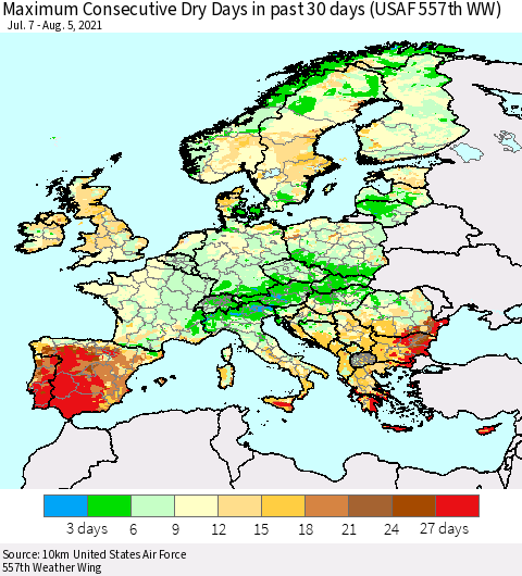 Europe Maximum Consecutive Dry Days in past 30 days (USAF 557th WW) 08/05/2021 Thematic Map For 8/1/2021 - 8/5/2021