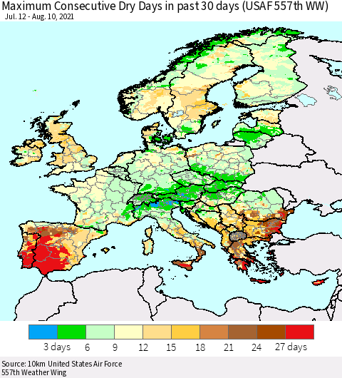 Europe Maximum Consecutive Dry Days in past 30 days (USAF 557th WW) 08/10/2021 Thematic Map For 8/6/2021 - 8/10/2021
