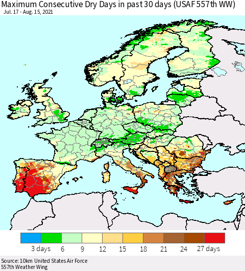Europe Maximum Consecutive Dry Days in past 30 days (USAF 557th WW) 08/15/2021 Thematic Map For 8/11/2021 - 8/15/2021