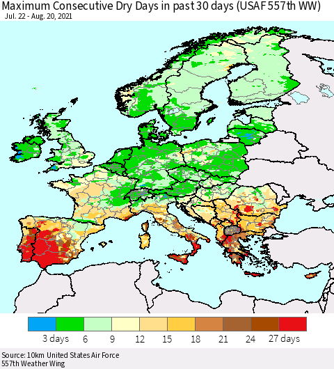 Europe Maximum Consecutive Dry Days in past 30 days (USAF 557th WW) 08/20/2021 Thematic Map For 8/16/2021 - 8/20/2021