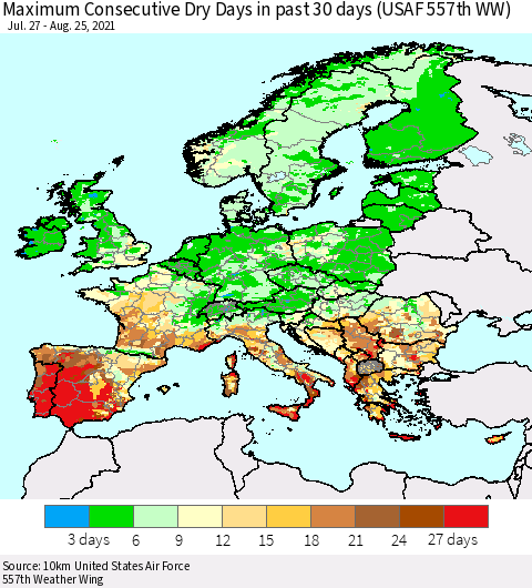 Europe Maximum Consecutive Dry Days in past 30 days (USAF 557th WW) 08/25/2021 Thematic Map For 8/21/2021 - 8/25/2021