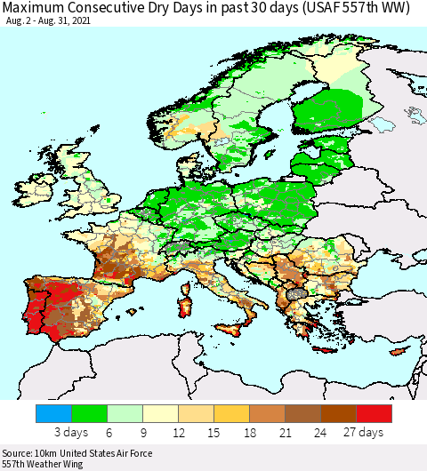 Europe Maximum Consecutive Dry Days in past 30 days (USAF 557th WW) 08/31/2021 Thematic Map For 8/26/2021 - 8/31/2021