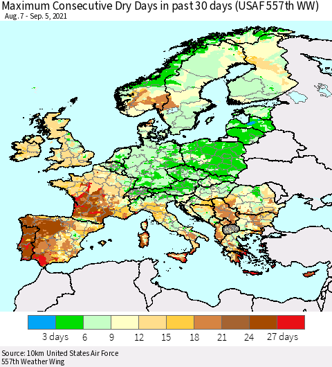 Europe Maximum Consecutive Dry Days in past 30 days (USAF 557th WW) 09/05/2021 Thematic Map For 9/1/2021 - 9/5/2021