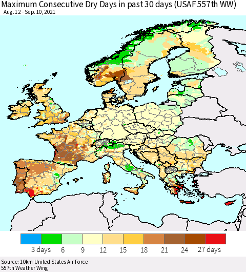 Europe Maximum Consecutive Dry Days in past 30 days (USAF 557th WW) 09/10/2021 Thematic Map For 9/6/2021 - 9/10/2021