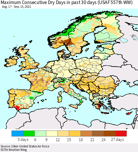 Europe Maximum Consecutive Dry Days in past 30 days (USAF 557th WW) 09/15/2021 Thematic Map For 9/11/2021 - 9/15/2021