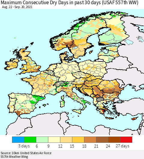 Europe Maximum Consecutive Dry Days in past 30 days (USAF 557th WW) Thematic Map For 9/16/2021 - 9/20/2021