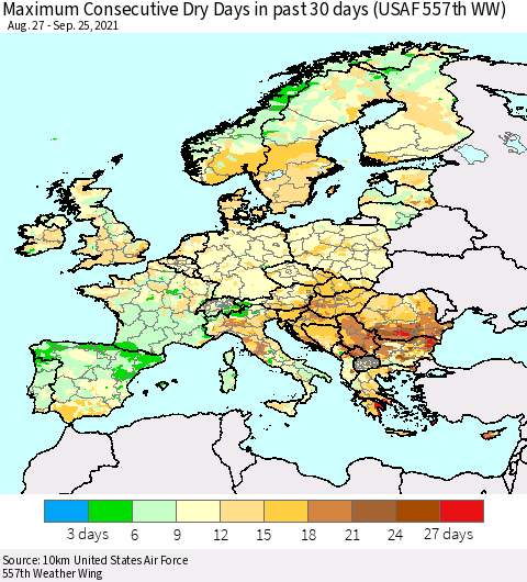 Europe Maximum Consecutive Dry Days in past 30 days (USAF 557th WW) 09/25/2021 Thematic Map For 9/21/2021 - 9/25/2021