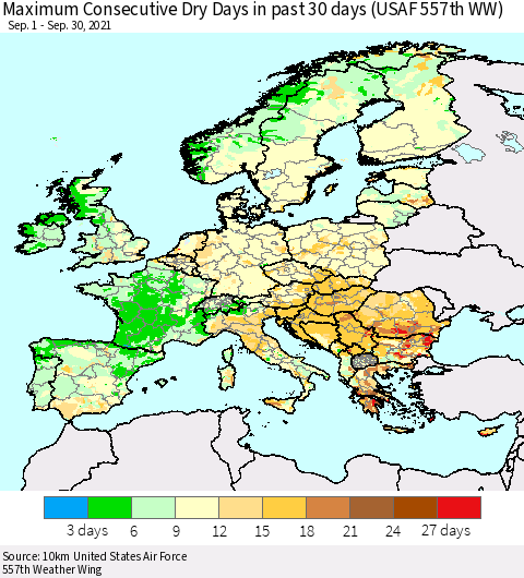 Europe Maximum Consecutive Dry Days in past 30 days (USAF 557th WW) 09/30/2021 Thematic Map For 9/26/2021 - 9/30/2021