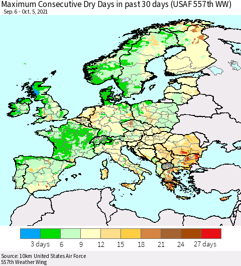Europe Maximum Consecutive Dry Days in past 30 days (USAF 557th WW) Thematic Map For 10/1/2021 - 10/5/2021