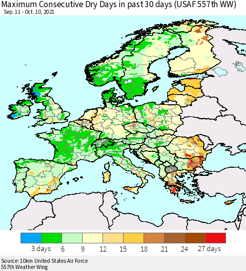 Europe Maximum Consecutive Dry Days in past 30 days (USAF 557th WW) 10/10/2021 Thematic Map For 10/6/2021 - 10/10/2021