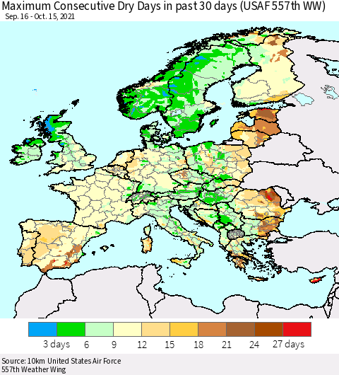 Europe Maximum Consecutive Dry Days in past 30 days (USAF 557th WW) 10/15/2021 Thematic Map For 10/11/2021 - 10/15/2021