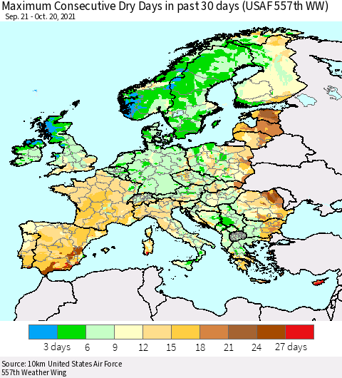 Europe Maximum Consecutive Dry Days in past 30 days (USAF 557th WW) 10/20/2021 Thematic Map For 10/16/2021 - 10/20/2021