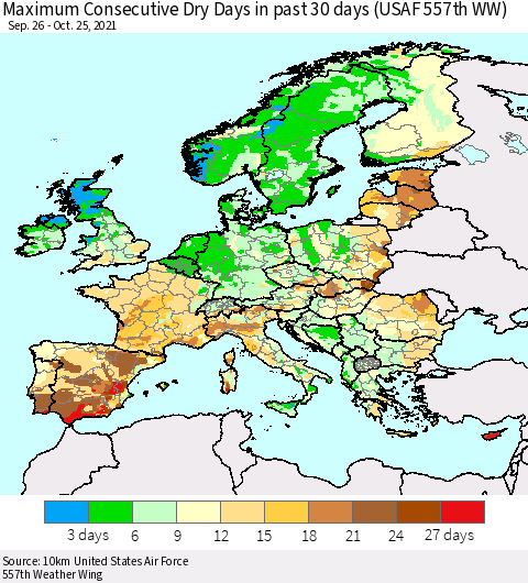 Europe Maximum Consecutive Dry Days in past 30 days (USAF 557th WW) 10/25/2021 Thematic Map For 10/21/2021 - 10/25/2021