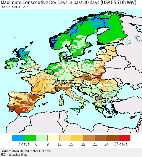 Europe Maximum Consecutive Dry Days in past 30 days (USAF 557th WW) 10/31/2021 Thematic Map For 10/26/2021 - 10/31/2021