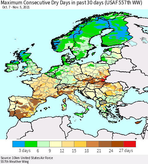 Europe Maximum Consecutive Dry Days in past 30 days (USAF 557th WW) Thematic Map For 11/1/2021 - 11/5/2021