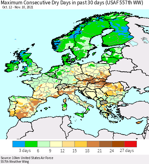 Europe Maximum Consecutive Dry Days in past 30 days (USAF 557th WW) 11/10/2021 Thematic Map For 11/6/2021 - 11/10/2021