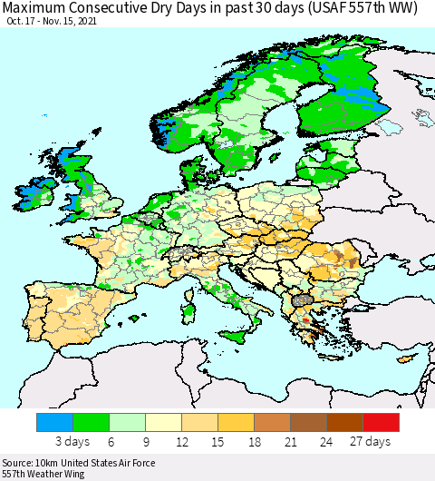 Europe Maximum Consecutive Dry Days in past 30 days (USAF 557th WW) Thematic Map For 11/11/2021 - 11/15/2021