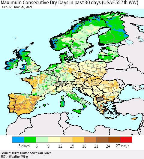 Europe Maximum Consecutive Dry Days in past 30 days (USAF 557th WW) 11/20/2021 Thematic Map For 11/16/2021 - 11/20/2021