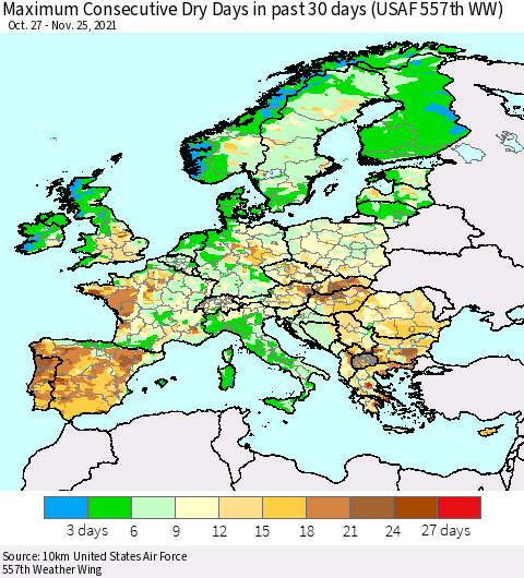 Europe Maximum Consecutive Dry Days in past 30 days (USAF 557th WW) 11/25/2021 Thematic Map For 11/21/2021 - 11/25/2021