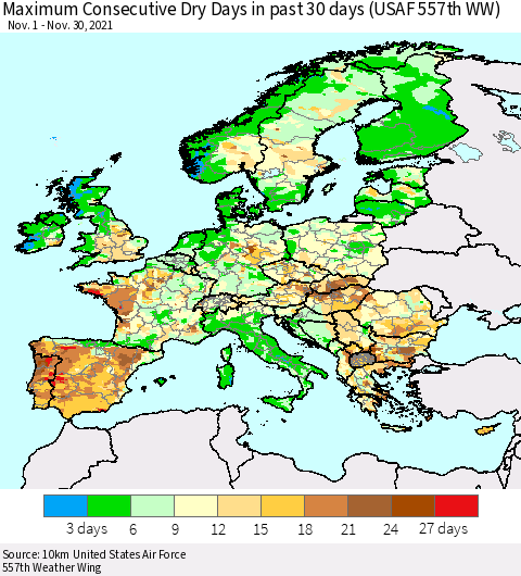 Europe Maximum Consecutive Dry Days in past 30 days (USAF 557th WW) 11/30/2021 Thematic Map For 11/26/2021 - 11/30/2021