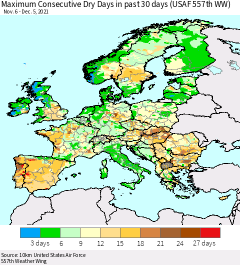 Europe Maximum Consecutive Dry Days in past 30 days (USAF 557th WW) 12/05/2021 Thematic Map For 12/1/2021 - 12/5/2021
