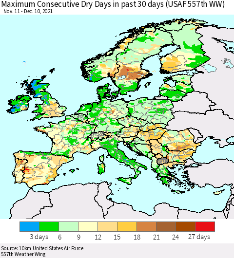Europe Maximum Consecutive Dry Days in past 30 days (USAF 557th WW) 12/10/2021 Thematic Map For 12/6/2021 - 12/10/2021